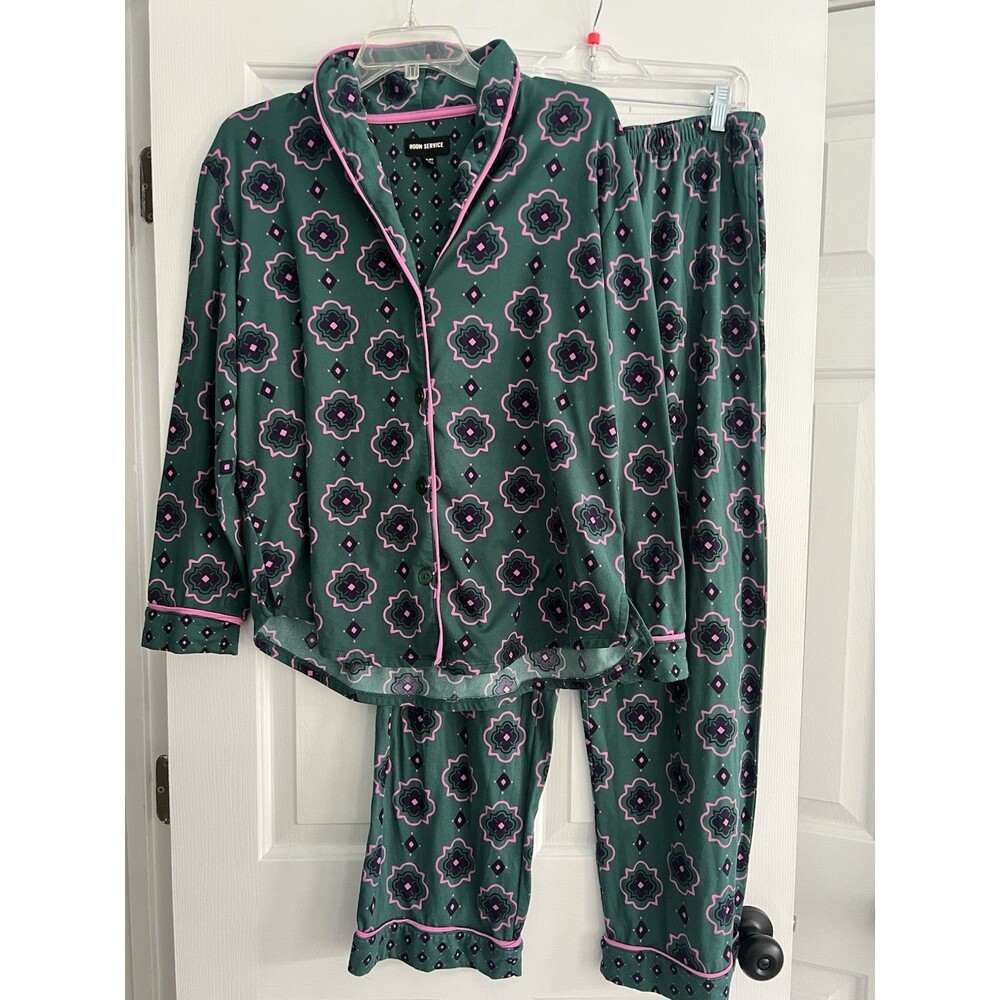 XL Emerald Green Room Service PJs Womens Hot Pink Trim Cozy Soft Pajama Set